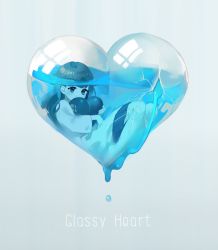 Rule 34 | 1girl, barefoot, blue theme, broken glass, broken heart, brown hair, covered mouth, crack, english text, glass, grey background, harrymiao, heart, highres, holding, holding heart, in container, leaking, long hair, long sleeves, looking at viewer, miniskirt, original, partially submerged, pleated skirt, reflection, shirt, skirt, solo, water, white shirt