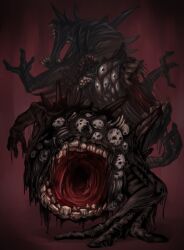 Rule 34 | absurdres, black eyes, commentary, eldritch abomination, english commentary, extra teeth, full body, highres, hold111, lobotomy corporation, looking at viewer, monster, mountain of smiling bodies, no humans, open mouth, project moon, ribs, skull, solo, teeth