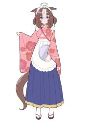 Rule 34 | 1girl, ahoge, animal ears, blush, breasts, brown hair, closed mouth, cofee fan, ear ornament, floral print, full body, hair between eyes, holding, holding tray, horse ears, horse girl, horse tail, japanese clothes, kimono, large breasts, long sleeves, maid, meisho doto (umamusume), multicolored hair, pink kimono, purple eyes, sandals, short hair, simple background, solo, streaked hair, tabi, tail, tray, umamusume, wa maid, white background, white hair, wide sleeves, zouri
