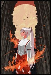 Rule 34 | 1girl, arms at sides, bamboo, bamboo forest, black border, border, bow, closed mouth, collared shirt, commentary, cowboy shot, expressionless, forest, fujiwara no mokou, full moon, hair bow, highres, kijigyoza, long hair, long sleeves, looking at viewer, moon, nature, ofuda, pants, ponytail, profile, red eyes, red pants, shirt, sideways glance, solo, suspenders, touhou, twitter username, very long hair, white bow, white hair, white shirt