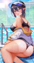 Rule 34 | 1girl, absurdres, amahara subaru, arm support, ass, bare legs, bare shoulders, black hair, black one-piece swimsuit, blush, breasts, chain-link fence, competition swimsuit, day, fang, feet out of frame, fence, from behind, hair between eyes, hair ribbon, highres, indie virtual youtuber, isonade orca, jacket, large breasts, looking at viewer, looking back, multicolored hair, off shoulder, one-piece swimsuit, open mouth, outdoors, pink eyes, pointy ears, poolside, red hair, red ribbon, ribbon, short hair, simple background, skin fang, solo, streaked hair, swimsuit, swimsuit under clothes, virtual youtuber, visor cap, water, wet, white jacket