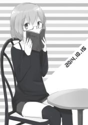 Rule 34 | 1girl, alternate costume, artist name, bespectacled, black thighhighs, book, bra, chair, covering own mouth, dated, glasses, greyscale, highres, long sleeves, miniskirt, monochrome, over-kneehighs, sanya v. litvyak, seedflare, semi-rimless eyewear, short hair, sitting, skirt, solo, strike witches, striped, striped background, sweater, table, thighhighs, under-rim eyewear, underwear, world witches series, zettai ryouiki