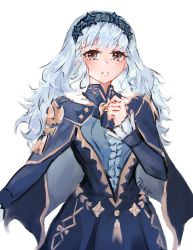 Rule 34 | 1girl, bags under eyes, blue hair, blush, breasts, brown eyes, cape, closed mouth, dress, fire emblem, fire emblem: three houses, fire emblem warriors: three hopes, highres, long hair, long sleeves, looking at viewer, marianne von edmund, nintendo, paiiart, simple background, solo, upper body