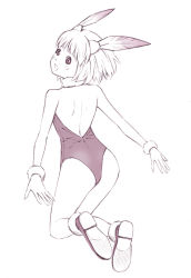 Rule 34 | 1girl, :d, animal ears, ass, back, bare back, bare shoulders, character request, facial mark, fake animal ears, female focus, flat ass, full body, gloves, halterneck, head tilt, kneeling, legs, leotard, loan knight, looking at viewer, looking back, monochrome, open hand, open hands, open mouth, playboy bunny, rabbit ears, shoes, short hair, simple background, sketch, smile, solo, white background, yoshitomi akihito
