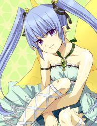 Rule 34 | 1girl, blue hair, character request, closed mouth, cross-laced footwear, long hair, looking at viewer, lowres, murata tefu, pointy ears, purple eyes, smile, solo, twintails