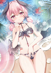 1girl absurdres bare_arms bare_shoulders beach bikini black_bikini black_bow black_wings blue_archive blush bow breasts feathered_wings fengshen_chino fingernails floral_print flower gluteal_fold hair_bow halo head_wings hibiscus highres innertube koharu_(blue_archive) koharu_(swimsuit)_(blue_archive) long_hair looking_at_viewer low_twintails low_wings lying navel official_alternate_costume on_back pink_eyes pink_hair print_bikini red_flower small_breasts solo swim_ring swimsuit thigh_gap thighs transparent twintails water wet wings