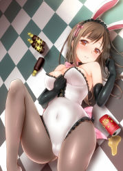 Rule 34 | 10s, 1girl, animal ears, blush, bow, brown hair, cameltoe, can, covered navel, detached collar, drink, elbow gloves, fake animal ears, female focus, frills, gloves, hair in own mouth, hand on own chest, headdress, idolmaster, idolmaster cinderella girls, imachi (staccato squirrel), leg up, leotard, long hair, looking at viewer, lying, mizumoto yukari, on back, pantyhose, playboy bunny, rabbit ears, red eyes, smile, solo, spill