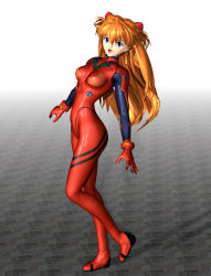 Rule 34 | 1girl, 3d, :d, blue eyes, bodysuit, bracer, breasts, female focus, from side, full body, gloves, gradient background, hair between eyes, hair ornament, happy, leaning back, long hair, looking at viewer, name (nahopa!), neon genesis evangelion, open mouth, orange hair, pilot suit, plugsuit, red hair, shadow, shiny clothes, small breasts, smile, solo, souryuu asuka langley, standing, turtleneck, two side up, white background