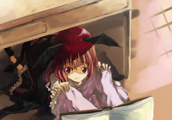 Rule 34 | 2girls, book, demon tail, female focus, head wings, koakuma, long hair, multiple girls, patchouli knowledge, red eyes, red hair, skirt, smile, solo focus, table, tail, embodiment of scarlet devil, touhou, under table, wings, yohane