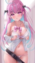 Rule 34 | 1girl, absurdres, ahoge, aqua hair, belt, black belt, black bow, blurry, blurry background, blush, bow, bow bra, bow panties, bra, braid, breasts, cat hair ornament, collarbone, collared shirt, colored inner hair, commentary, dyed ahoge, earrings, glint, groin, hair bow, hair ornament, hairclip, heart, heart earrings, highres, hololive, jewelry, large breasts, long hair, long sleeves, looking at viewer, loose belt, minato aqua, minato aqua (school uniform), multicolored hair, navel, no pants, off shoulder, open mouth, panties, partially unbuttoned, pink bow, pink eyes, pink hair, plaid, plaid bow, purple eyes, shirt, single bare shoulder, solo, stomach, strap slip, streaked hair, thighs, two-tone hair, two side up, unbuttoned, unbuttoned shirt, underwear, undressing, uni ikura, virtual youtuber, white bra, white panties, white shirt, x hair ornament