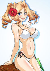 Rule 34 | 1girl, :d, absurdres, arm at side, bare arms, bare shoulders, bikini, blonde hair, blue eyes, breasts, cleavage, collarbone, commentary, cowboy shot, curly hair, flower, forehead, hair flower, hair ornament, highres, honolulu (kancolle), kantai collection, large breasts, legs together, looking at viewer, navel, open mouth, sangyou haikibutsu a, shadow, shiny skin, side-tie bikini bottom, simple background, sitting, smile, solo, swimsuit, v-shaped eyebrows, white background, white bikini