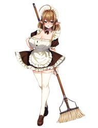 Rule 34 | 1girl, ahoge, apron, arm behind back, black bow, black bowtie, black dress, blue eyes, blush, bow, bowtie, breasts, broom, brown footwear, brown hair, cleavage, commentary request, crossed legs, detached collar, dress, elf, frilled apron, frills, full body, hair between eyes, hair intakes, hand on own hip, holding, holding broom, large breasts, loafers, long hair, looking at viewer, maid, maid apron, maid headdress, marota, open mouth, pointy ears, puffy short sleeves, puffy sleeves, shoes, short dress, short sleeves, sidelocks, simple background, solo, succubus puttel, thighhighs, thighs, white apron, white background, white thighhighs, wrist cuffs, zettai ryouiki