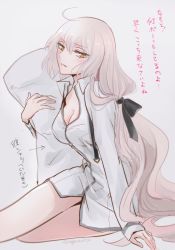 Rule 34 | 1girl, alternate costume, arm support, black ribbon, blonde hair, blush, bottomless, breasts, cleavage, fate/grand order, fate (series), hair ribbon, jeanne d&#039;arc (fate), jeanne d&#039;arc alter (avenger) (fate), jeanne d&#039;arc alter (fate), long hair, long sleeves, looking at viewer, hugging object, omizu (omz), parted lips, pillow, pillow hug, ribbon, ruler (fate/grand order), shirt, smile, solo, translation request, twitter username, very long hair, white shirt, yellow eyes