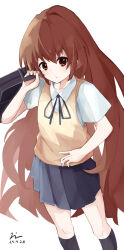 Rule 34 | 1girl, absurdres, aisaka taiga, black ribbon, black thighhighs, blue skirt, brown eyes, brown hair, brown sweater vest, closed mouth, collarbone, collared shirt, commentary request, dated, hair between eyes, highres, holding, holding suitcase, ko su kaa, long hair, looking at viewer, neck ribbon, partial commentary, pleated skirt, ribbon, school uniform, shirt, short sleeves, signature, simple background, skirt, solo, suitcase, sweater vest, thighhighs, toradora!, very long hair, white background, white shirt