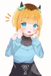 Rule 34 | 1girl, :3, bare shoulders, black skirt, blonde hair, blue eyes, blue sweater, blunt bangs, blush, commentary request, cowboy shot, demon horns, fang, hands on own face, horns, long sleeves, looking at viewer, mem-cho, multicolored hair, off-shoulder sweater, off shoulder, open mouth, oshi no ko, piko pinapi, puffy sleeves, roots (hair), short hair, sidelocks, simple background, skirt, solo, sweater, white background