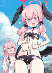 Rule 34 | 2girls, :d, @ @, ahoge, bikini, bikini under clothes, black bikini, black bow, black wings, blue archive, blush, body writing, bow, braid, breasts, closed eyes, collarbone, commentary, dick-o-meter, english commentary, feathered wings, female focus, floral print, flying sweatdrops, front-tie bikini top, front-tie top, hair between eyes, hair bow, halo, halterneck, hanako (blue archive), hanako (swimsuit) (blue archive), head wings, highres, hm (hmongt), holding, holding marker, koharu (blue archive), koharu (swimsuit) (blue archive), large breasts, long hair, low twintails, low wings, marker, measuring, multiple girls, navel, nose blush, official alternate costume, open mouth, outdoors, penis measuring, pink eyes, pink hair, pink halo, print bikini, shirt, side braid, single braid, small breasts, smile, standing, strapless, strapless bikini, swimsuit, tearing up, tears, twintails, wavy mouth, white bow, white shirt, wings