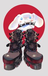 Rule 34 | animal ears, artcher artwork, belt boots, black collar, black footwear, blue eyes, boots, cinnamoroll, collar, commentary, english commentary, full body, highres, looking at viewer, no humans, platform boots, platform footwear, rabbit, rabbit ears, sanrio, solo, spiked collar, spiked footwear, spikes, standing