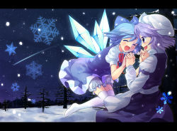 Rule 34 | 2girls, bloomers, blue hair, cirno, happy, hat, holding hands, kuguri oimo, letterboxed, letty whiterock, light purple hair, multiple girls, perfect cherry blossom, purple eyes, short hair, snow, snowflakes, thighhighs, touhou, underwear, wings, winter