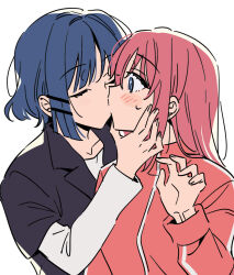 2girls black_shirt blue_hair blush bocchi_the_rock! closed_eyes commentary gotoh_hitori hand_on_another&#039;s_face jacket kimino_tomonari kiss layered_sleeves long_hair long_sleeves multiple_girls pink_hair pink_jacket shirt short_over_long_sleeves short_sleeves simple_background sweatdrop track_jacket upper_body white_background yamada_ryo yuri