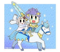 Rule 34 | 1boy, 1girl, arm up, armor, artist name, blue eyes, blue hair, brother and sister, cape, chibi, fire emblem, fire emblem heroes, flyer 27, gloves, gradient hair, hair ornament, holding, holding sword, holding weapon, horse, horseback riding, hrid (fire emblem), multicolored hair, multiple riders, nintendo, open mouth, purple eyes, riding, scarf, short hair, siblings, snowflakes, sword, weapon, white hair, ylgr (fire emblem)