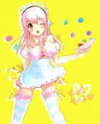 Rule 34 | 1girl, bad id, bad pixiv id, breasts, cleavage, food, headphones, long hair, macaron, maid, medium breasts, nitroplus, one eye closed, pink eyes, pink hair, solo, striped clothes, striped thighhighs, super sonico, tanaka (colorcorn), thighhighs, wink, yellow background
