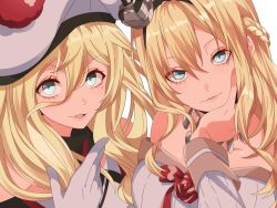 Rule 34 | 2girls, beret, blonde hair, blue eyes, braid, close-up, commentary request, crown, dress, flower, french braid, gloves, hair between eyes, hat, jewelry, kantai collection, lips, long hair, long sleeves, looking at viewer, mini crown, mole, mole under eye, mole under mouth, multiple girls, necklace, off-shoulder dress, off shoulder, parted lips, pom pom (clothes), red flower, red ribbon, red rose, ribbon, richelieu (kancolle), rose, salve (8947279), warspite (kancolle), white dress, white gloves