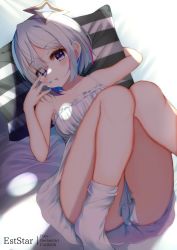 Rule 34 | 1girl, amane kanata, aties20, bare arms, bare shoulders, bed sheet, blue eyes, blue hair, blue nails, blush, commentary request, dress, frilled dress, frills, hair over one eye, hands up, highres, hololive, knees together feet apart, knees up, looking at viewer, lying, multicolored hair, nail polish, on back, parted lips, pillow, sleeveless, sleeveless dress, socks, solo, striped, two-tone hair, virtual youtuber, white dress, white hair, white socks