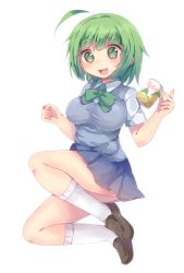 Rule 34 | 1girl, :d, @ @, ahoge, bad id, bad nicoseiga id, bare legs, blue sky, blunt bangs, blush, bow, bowtie, breasts, brown footwear, can, copyright request, crazy eyes, drink can, eyebrows, full body, green bow, green bowtie, green eyes, green hair, kneehighs, large breasts, loafers, looking at viewer, matching hair/eyes, open mouth, renoa yu, shirt, shoes, short hair, short sleeves, sky, smile, socks, soda can, solo, tareme, thighs, white shirt, white socks