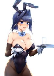 Rule 34 | 1girl, absurdres, animal ears, bare shoulders, bingsardina, black leotard, blue bow, blue bowtie, blue eyes, blue hair, blush, bow, bow earrings, bowtie, breasts, chain, chain headband, cleavage, cowboy shot, cup, detached collar, detached sleeves, earrings, fake animal ears, hair intakes, head chain, highres, holding, holding tray, holocouncil, hololive, hololive english, jewelry, large breasts, leotard, long sleeves, looking away, open mouth, ouro kronii, pantyhose, playboy bunny, rabbit ears, short hair, simple background, solo, standing, strapless, strapless leotard, tray, virtual youtuber, white background