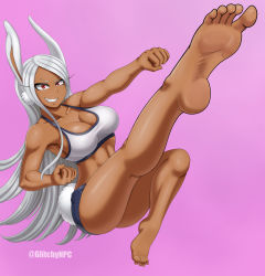 Rule 34 | 1girl, abs, animal ear fluff, animal ears, armpits, artist name, bare shoulders, barefoot, blouse, boku no hero academia, breasts, cleavage, clenched hands, clenched teeth, collarbone, dark-skinned female, dark skin, exercising, eyelashes, feet, female focus, fighting pose, fighting stance, fingernails, full body, glitchynpc, happy, highres, jumping, kicking, large breasts, legs, long hair, long image, looking at viewer, midriff, mirko, muscular, muscular female, navel, neck, pants, parted bangs, pink background, rabbit ears, rabbit girl, rabbit tail, red eyes, shirt, short shorts, shorts, simple background, skin tight, sleeveless, sleeveless shirt, smirk, smug, soles, tank top, teeth, thighs, tight clothes, tight pants, tight shirt, toenails, toes, white hair, white tank top