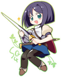 Rule 34 | 1girl, :d, armor, black hair, black pantyhose, blue skirt, blush, bob cut, breastplate, commentary request, commentary typo, emurin, etrian odyssey, full body, green eyes, green outline, holding, holding sword, holding weapon, looking at viewer, open mouth, outline, pantyhose, puffy short sleeves, puffy sleeves, sekaiju no meikyuu, sekaiju no meikyuu 4, short hair, short sleeves, simple background, skirt, smile, solo, sparkle, sword, swordsman 2 (sekaiju 4), weapon, white background