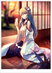 Rule 34 | 1girl, bare shoulders, blurry, breasts, cellphone, crop top, depth of field, detached sleeves, floral print, framed image, frog hair ornament, from side, full body, green hair, hair ornament, hair tubes, hakama, hakama skirt, highres, japanese clothes, kochiya sanae, long hair, looking at viewer, looking to the side, miko, navel, phone, sailor bikini, sailor collar, sideboob, sidelocks, skade, skirt, small breasts, smile, snake hair ornament, solo, stomach, touhou, wide sleeves, yellow eyes