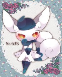 Rule 34 | 1girl, animal ears, blue border, blue fur, blue hair, blush, body fur, border, closed mouth, colored sclera, creatures (company), female focus, floral background, full body, furry, furry female, game freak, gen 6 pokemon, legs together, looking to the side, meowstic, meowstic (female), multiple tails, neck fur, nintendo, own hands together, pokedex number, pokemon, pokemon (creature), red eyes, shira (sirairo116), short hair, solo, standing, tail, two-tone fur, two tails, v arms, white background, white fur, yellow sclera