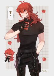 Rule 34 | !, 1boy, black pants, black shirt, can, chain, chibi, closed mouth, diluc (genshin impact), doveluc, food, fruit, genshin impact, hair between eyes, highres, holding, holding can, long hair, male focus, pants, ponytail, red eyes, red hair, shirt, solo, strawberry