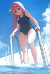Rule 34 | 1girl, ahoge, blue eyes, blue one-piece swimsuit, blush, bocchi the rock!, breasts, cube hair ornament, detached ahoge, from below, gotoh hitori, hair between eyes, hair ornament, highres, large breasts, long hair, minawa, one-piece swimsuit, pink hair, pool, pool ladder, poolside, school swimsuit, side ahoge, solo, swimsuit, water