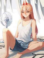Rule 34 | 1girl, ao desu2222, bare arms, bare legs, barefoot, blonde hair, chainsaw man, closed mouth, collarbone, cross-shaped pupils, flat chest, grey shorts, hair between eyes, highres, horns, leaning back, long hair, looking at viewer, power (chainsaw man), short shorts, shorts, sitting, sleeveless, solo, straight hair, symbol-shaped pupils, tank top, very long hair, white tank top