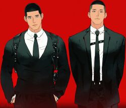 Rule 34 | 2boys, arms behind back, black eyes, black hair, black necktie, black suit, buzz cut, chest harness, cowboy shot, formal, fukatsu kazunari, hands in pockets, harness, highres, leeis cool, looking at viewer, male focus, multiple boys, necktie, parted lips, red background, sawakita eiji, short hair, side-by-side, simple background, slam dunk (series), smile, straight-on, suit, undercut, very short hair