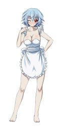 Rule 34 | 10s, 1girl, apron, barefoot, blue hair, breasts, cleavage, collarbone, eyebrows, feet, full body, highres, index finger raised, infinite stratos, large breasts, looking at viewer, naked apron, one eye closed, red eyes, sarashiki tatenashi, short hair, smile, solo, transparent background, white apron