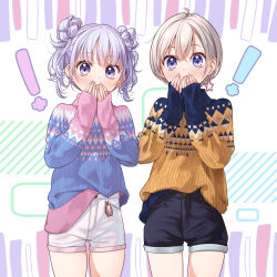 Rule 34 | !, 2girls, :o, ahoge, alternate hairstyle, argyle, argyle clothes, argyle sweater, black shorts, blonde hair, blue eyes, blue sweater, blunt bangs, blush, casual, charm (object), covering own mouth, cowboy shot, denim, denim shorts, diagonal stripes, dot nose, double bun, earrings, hair behind ear, hair between eyes, hair bun, hand over own mouth, hands up, high-waist shorts, hoshikawa hotaru, jewelry, light purple hair, long sleeves, looking at viewer, multicolored clothes, multicolored sweater, multiple girls, new game!, new year, official art, open mouth, pink sweater, platinum blonde hair, purple eyes, purple hair, shiny skin, short hair, shorts, side-by-side, silver hair, single earring, sleeves past wrists, standing, star (symbol), star earrings, striped, striped background, surprised, suzukaze aoba, sweater, sweater tucked in, thigh gap, tokunou shoutarou, turtleneck, turtleneck sweater, white background, white shorts, yellow sweater