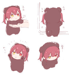 Rule 34 | 1girl, :&lt;, a-ka, animal costume, arms up, bear costume, blush, chibi, from above, from behind, heterochromia, hololive, houshou kumarine, houshou marine, long hair, looking at another, meme attire, no mouth, red eyes, red hair, translation request, twintails, virtual youtuber, yellow eyes