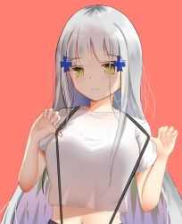 Rule 34 | alternate costume, blunt bangs, blush, breasts, closed mouth, commentary, cross hair ornament, english commentary, girls&#039; frontline, green eyes, hair ornament, highres, hk416 (girls&#039; frontline), long hair, looking at viewer, medium breasts, midriff, navel, red background, shirt, short sleeves, silver hair, simple background, smile, solo, straight hair, striped, suspenders, upper body, vertical stripes, whin, white shirt
