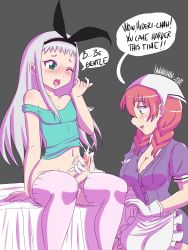 Rule 34 | 10s, 1boy, 1girl, absurdres, amano miu, apron, bad anatomy, blend s, blue eyes, blush, braid, breasts, cleavage, cum, danmakuman, ejaculation, erection, gloves, green eyes, grey background, hairband, handjob, hetero, highres, kanzaki hideri, large breasts, long hair, maid, navel, one eye closed, open clothes, open mouth, penis, red eyes, short sleeves, silver hair, simple background, sitting, speech bubble, tank top, teeth, text focus, thighhighs, tongue, trap, twin braids, uncensored, upper teeth only, white gloves, white thighhighs