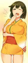 Rule 34 | 10s, 1girl, blush, breast hold, breasts, brown eyes, brown hair, commentary request, cowboy shot, hiryuu (kancolle), japanese clothes, kantai collection, kimono, large breasts, legs apart, looking at viewer, one eye closed, poco (backboa), short hair, short kimono, simple background, solo, standing, tears, teeth, upper teeth only, wide sleeves, yawning, yellow background