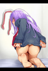 Rule 34 | 1girl, absurdres, animal ears, arms behind back, ass, bare legs, barefoot, blush, bottomless, bright pupils, closed mouth, clothes tug, commentary request, fingernails, from behind, full body, highres, kneeling, kuaru (okamokomon), letterboxed, long hair, long sleeves, looking at viewer, looking back, messy hair, necktie, nose blush, purple hair, rabbit ears, rabbit tail, red eyes, red necktie, reisen udongein inaba, sleeves past wrists, soles, solo, sweater, sweater tug, tail, toes, touhou, white pupils