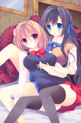 Rule 34 | 2girls, :d, :o, amanagi seiji, asymmetrical docking, bad id, bad pixiv id, black hair, black legwear, blue bow, blue bowtie, blue eyes, blush, bow, bowtie, breast press, breasts, brown hair, couch, hair ribbon, holding hands, legs, long hair, long sleeves, looking at viewer, multiple girls, open mouth, original, painting (object), parted lips, pillow, purple eyes, red bow, red bowtie, ribbon, school uniform, sitting, skirt, smile, sweater vest, thighhighs, thighs, yuri