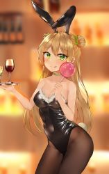 Rule 34 | 1girl, :q, absurdres, alcohol, alternate costume, animal ears, bad id, bad pixiv id, bare arms, bare shoulders, black leotard, blurry, blurry background, blush, bow, brown pantyhose, candy, choker, closed mouth, collarbone, commentary, covered navel, cowboy shot, cup, double bun, drinking glass, fake animal ears, fake tail, food, fur-trimmed leotard, fur trim, girls&#039; frontline, green bow, green choker, green eyes, hair bow, hair bun, highres, holding, holding food, holding tray, leotard, lollipop, long hair, looking at viewer, pantyhose, playboy bunny, rabbit ears, rabbit tail, refile, rfb (girls&#039; frontline), smile, solo, strapless, strapless leotard, tail, thank you, tongue, tongue out, tray, very long hair, wine, wine glass
