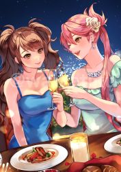 Rule 34 | 2girls, alcohol, arm at side, bare arms, bare shoulders, blue dress, bread, breasts, brown eyes, brown hair, candle, champagne, champagne flute, cleavage, closed mouth, collarbone, commission, couple, crossover, cup, dress, drink, drinking glass, dutch angle, earrings, eating, eiyuu densetsu, eye contact, eyebrows hidden by hair, fire, flower, food, green dress, hair behind ear, hair between eyes, hair flower, hair ornament, happy, head tilt, highres, holding, holding cup, holding drink, holding drinking glass, jewelry, kujikawa rise, large breasts, laughing, lips, lipstick, long hair, looking at another, makeup, medium breasts, multiple girls, neck, necklace, night, night sky, off-shoulder dress, off shoulder, one eye closed, open mouth, orange eyes, persona, persona 4, pink hair, pink lips, plate, ponytail, rose, round teeth, sara valestein, sen no kiseki, sitting, skeb commission, sky, smile, star (sky), starry sky, table, teeth, toasting (gesture), twintails, upper teeth only, wawatiku, white flower, white rose, wink, yuri