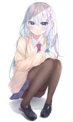 Rule 34 | 1girl, absurdres, black footwear, blue eyes, blue skirt, blush, braid, brown pantyhose, brown sweater, closed mouth, collared shirt, commentary, full body, hair between eyes, hair ornament, hairclip, highres, himemiya shuang, loafers, long sleeves, looking at viewer, necktie, original, pantyhose, pleated skirt, red necktie, school uniform, shadow, shirt, shoes, silver hair, single braid, skirt, sleeves past wrists, solo, squatting, sweater, symbol-only commentary, thighband pantyhose, white background, white shirt