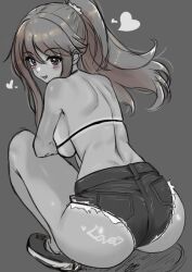 Rule 34 | ass, blush, breasts, c (theta), cutoffs, grey background, greyscale, heart, highres, idolmaster, idolmaster million live!, large breasts, looking at viewer, looking back, median furrow, micro shorts, monochrome, no ahoge, ponytail, shorts, shoulder blades, sideboob, signature, simple background, sketch, smile, squatting, tokoro megumi