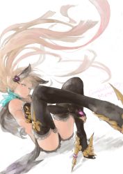 Rule 34 | 10s, 1girl, adapted costume, animal ears, bare shoulders, black thighhighs, blonde hair, bridal gauntlets, cat ears, character name, copyright name, detached sleeves, erune, finger to own chin, frilled thighhighs, frills, granblue fantasy, hair ornament, high heels, highres, leg up, leotard, long hair, long sleeves, looking to the side, metera (granblue fantasy), n9+, pink eyes, shadow, simple background, sitting, solo, text focus, thighhighs, twintails, very long hair, white background